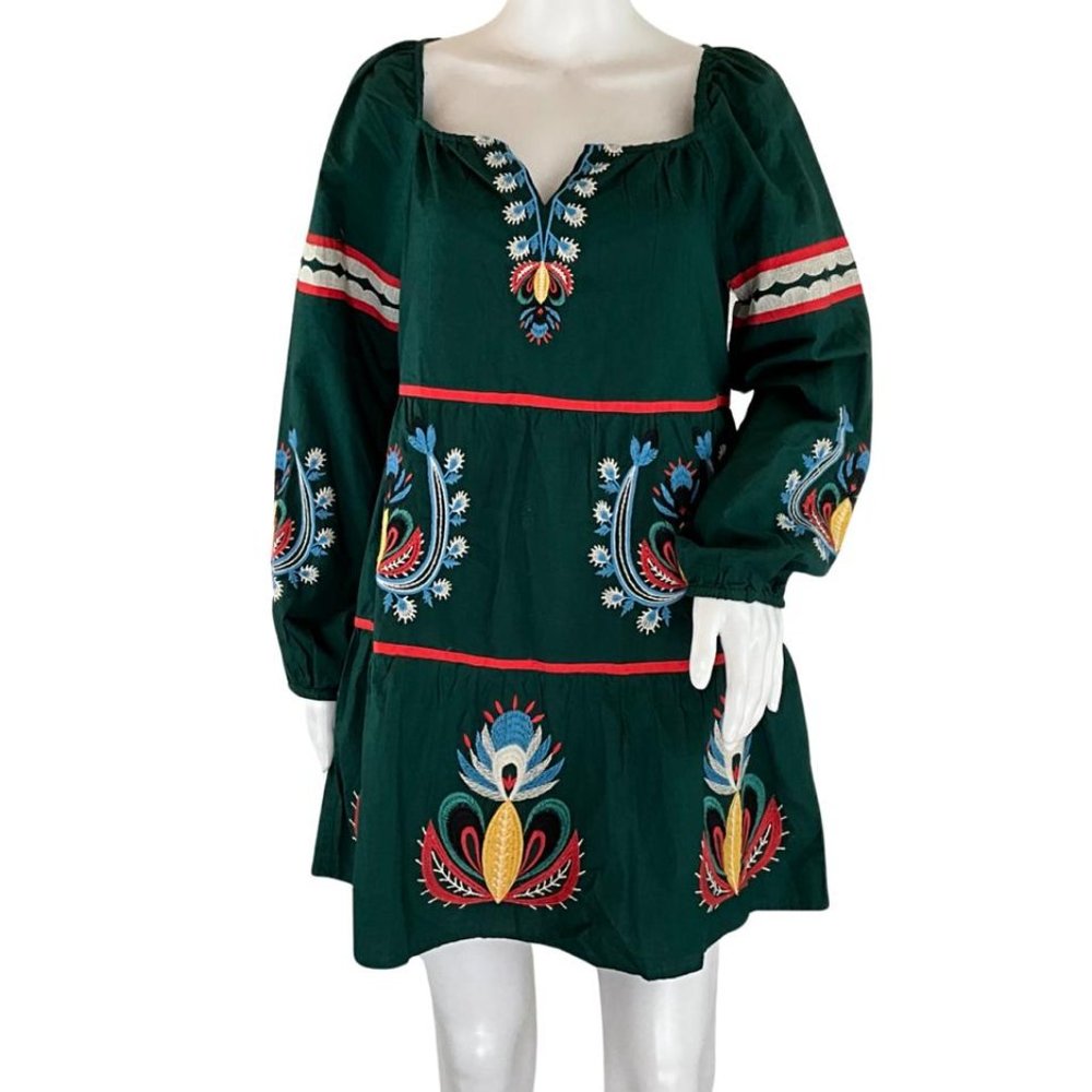 Letmebe Women's Embroidered Forest Green Embroidered Tunic Mini Dress Sz S